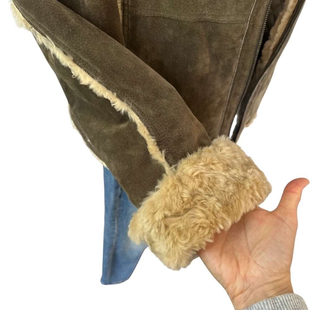 Wilsons Leather 100% leather suede coat faux fur trim brown olive XL - Picture 8 of 16